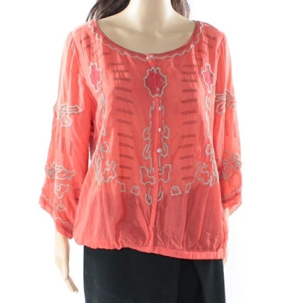 Free People Button Front Boho Blouse Embroidered S